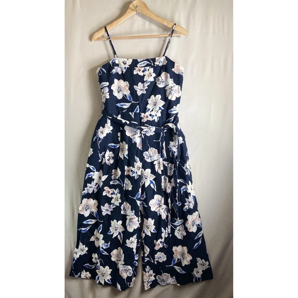Banana Republic Jumpsuit 6 Linen Blend Floral Wide Leg Tie Waist Strappy